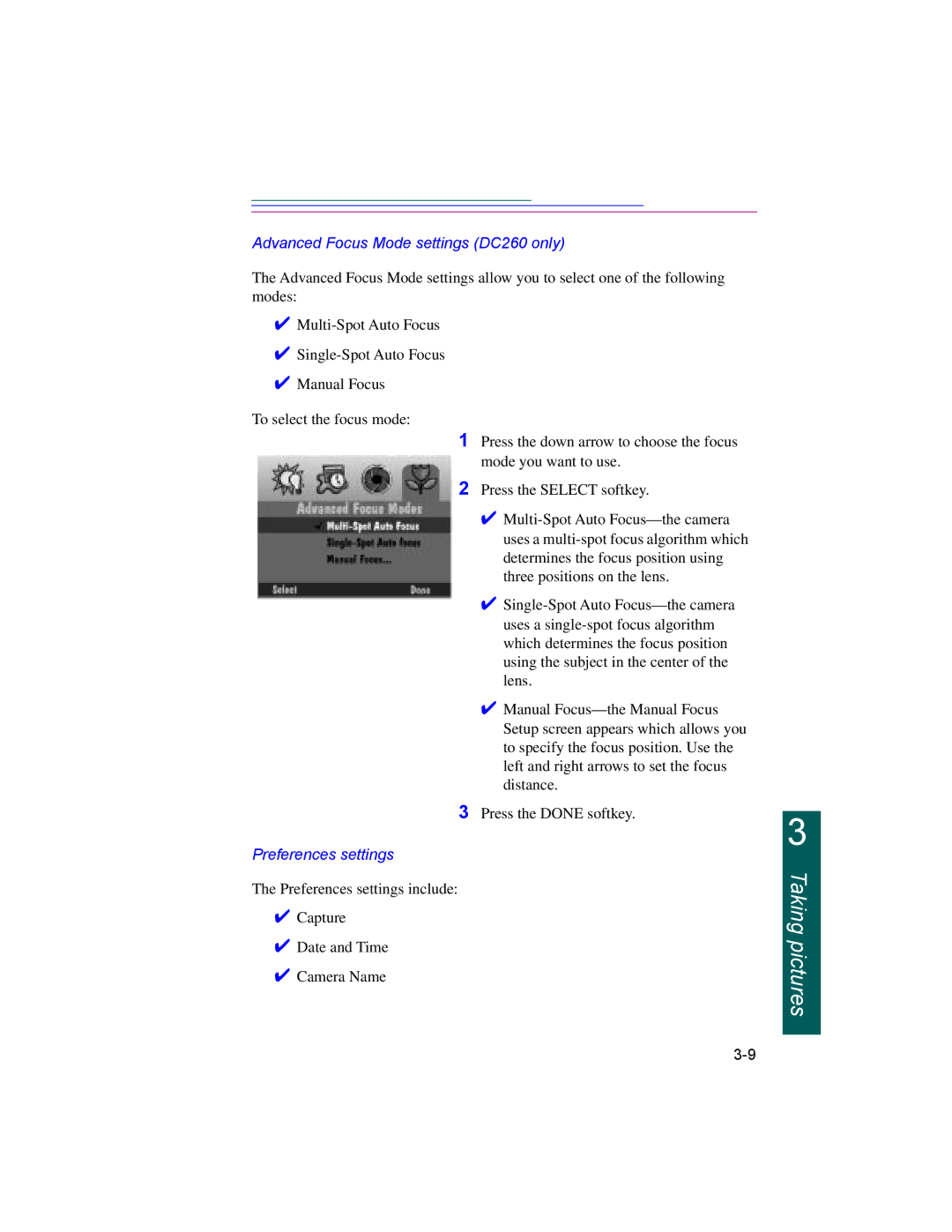 Kodak DC220 manual Advanced Focus Mode settings DC260 only, Preferences settings 