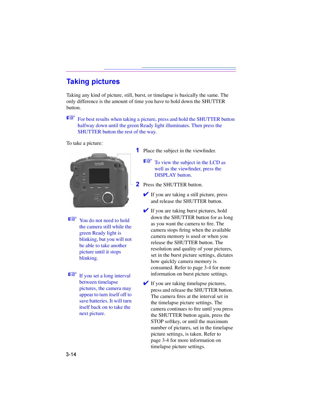 Kodak DC220, DC260 manual Taking pictures 