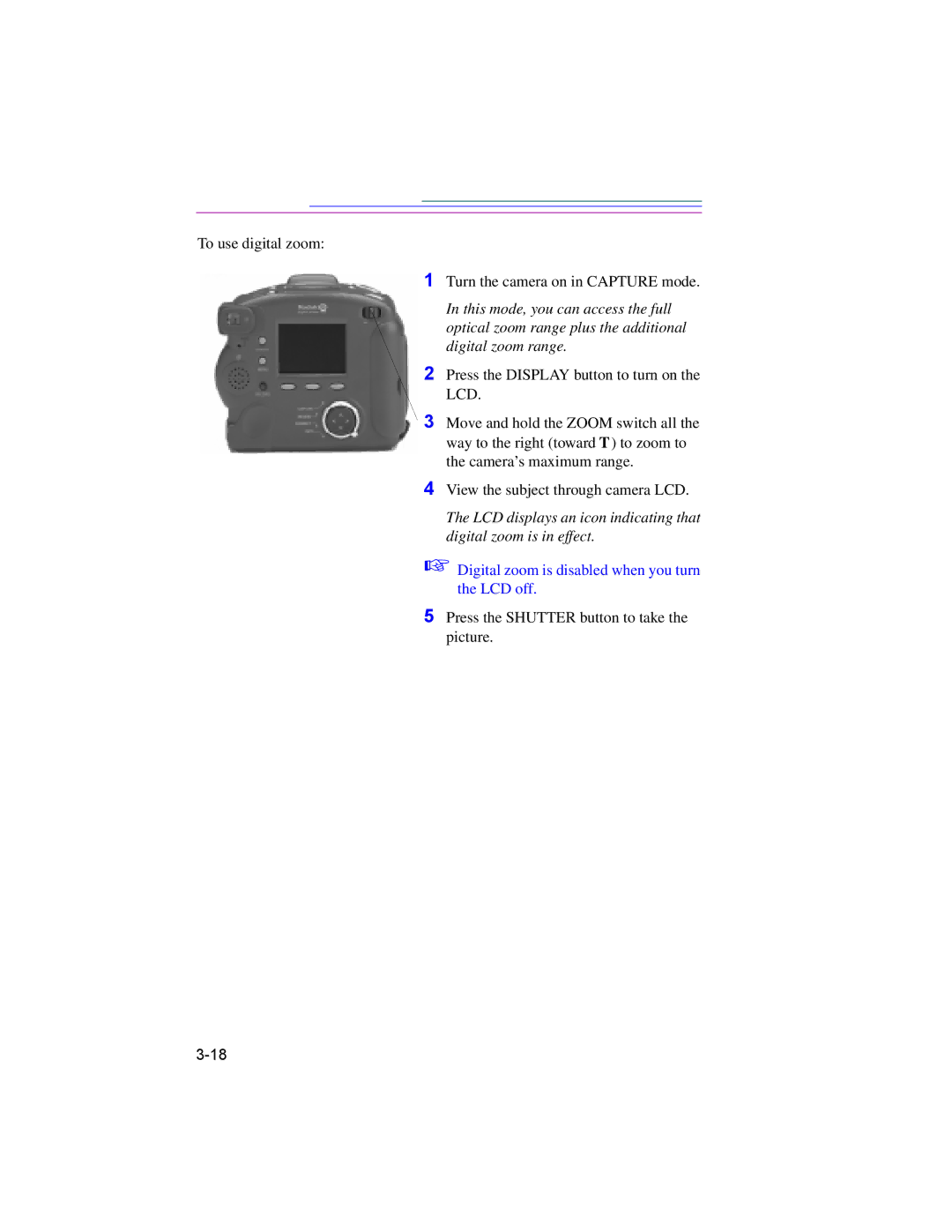 Kodak DC220, DC260 manual Digital zoom is disabled when you turn the LCD off 