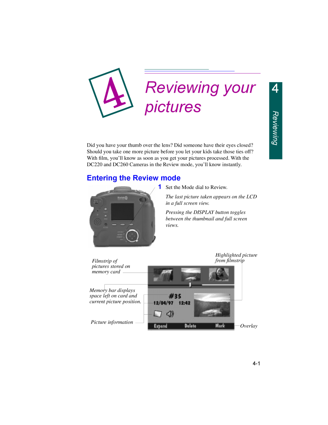 Kodak DC260, DC220 manual Reviewing your pictures, Entering the Review mode 