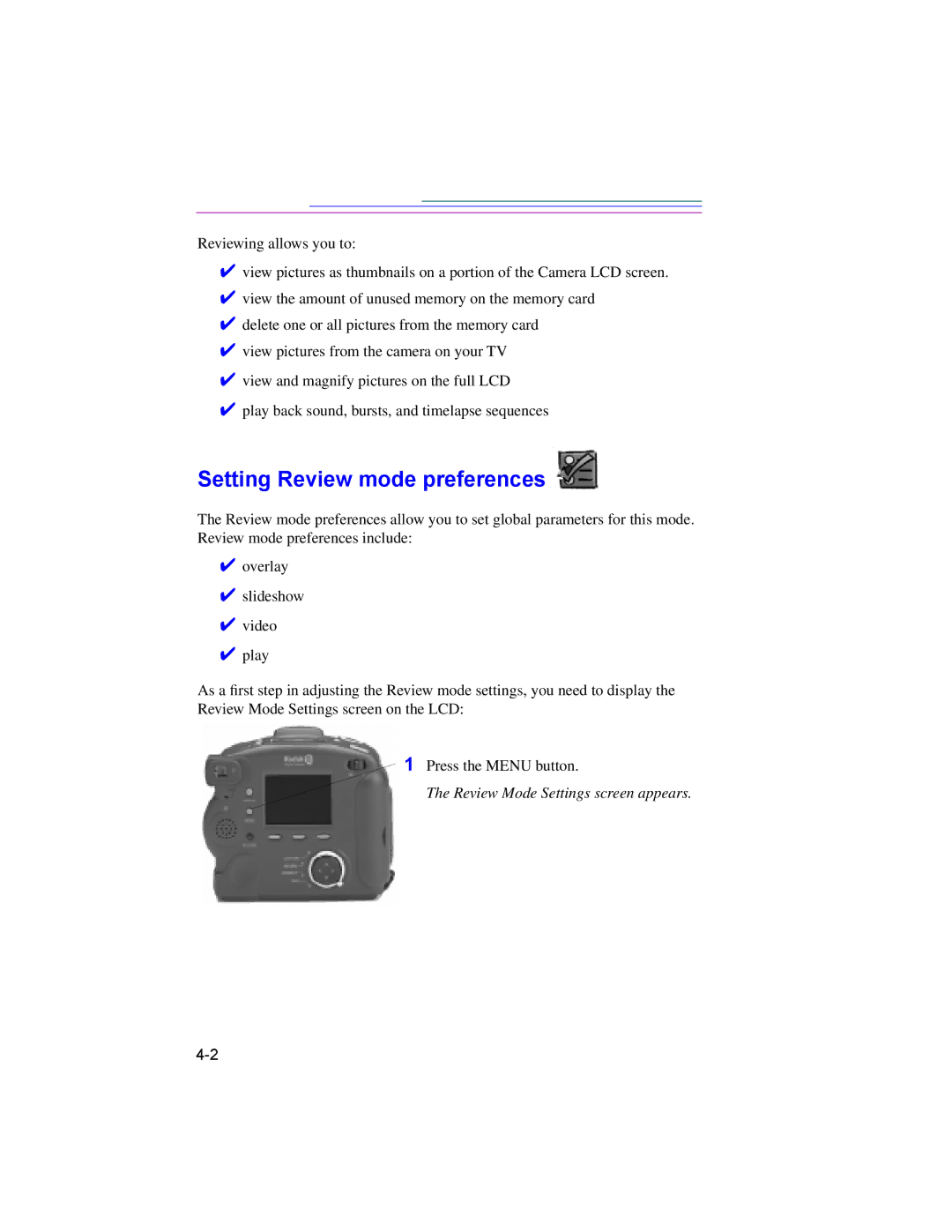 Kodak DC220, DC260 manual Setting Review mode preferences, Review Mode Settings screen appears 