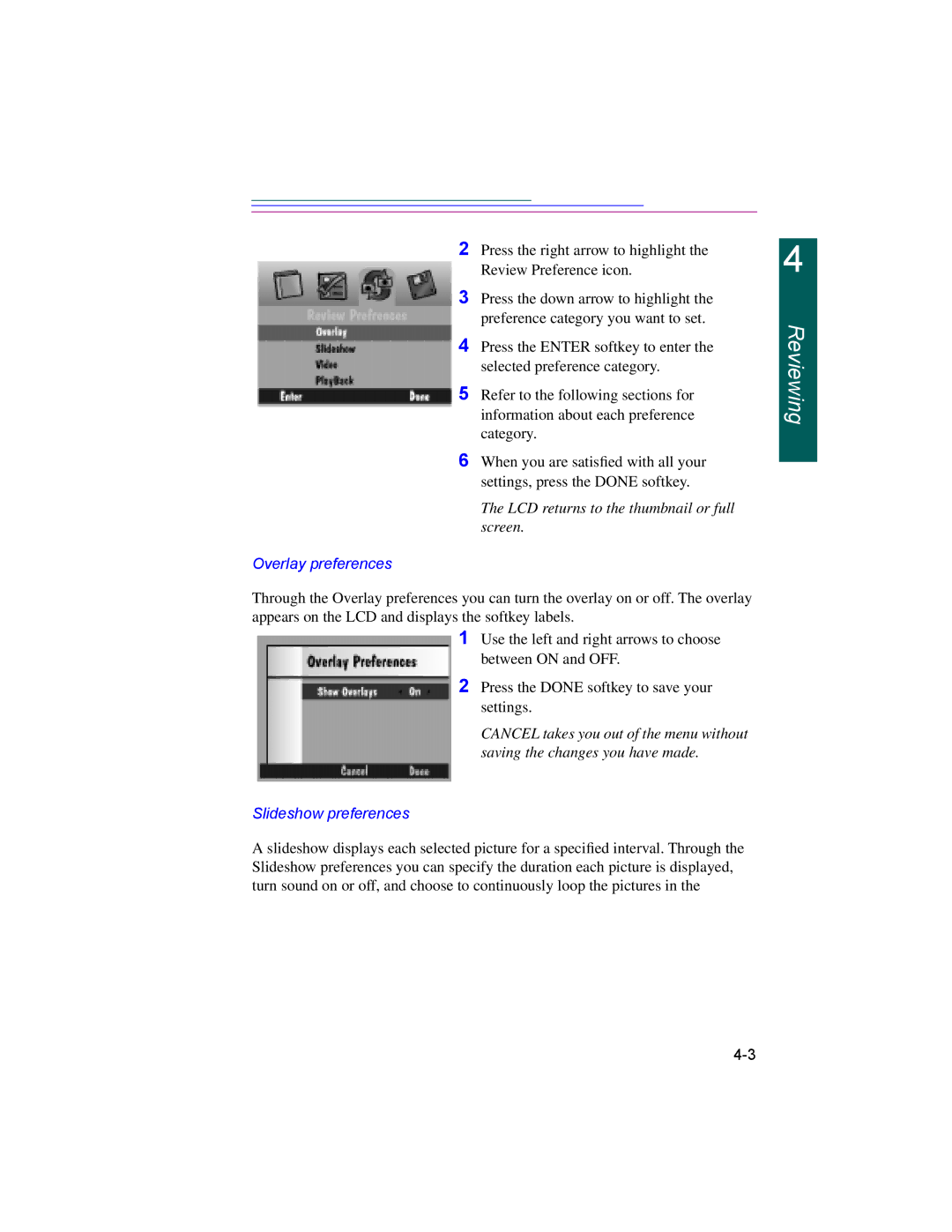 Kodak DC260, DC220 manual LCD returns to the thumbnail or full screen, Overlay preferences, Slideshow preferences 