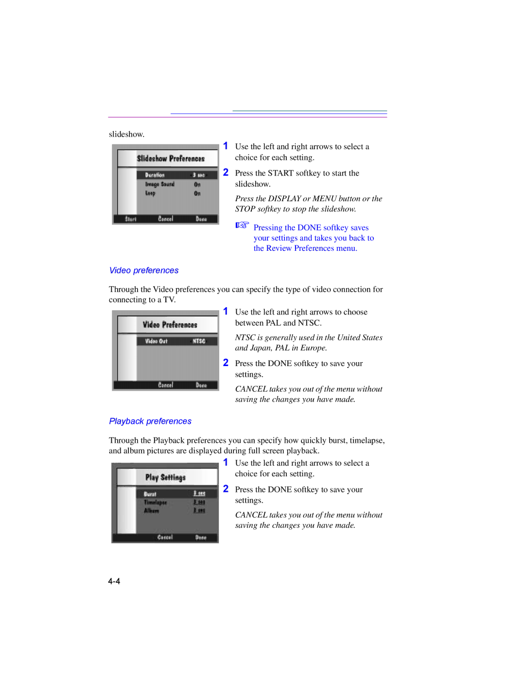 Kodak DC220, DC260 manual Video preferences, Playback preferences 