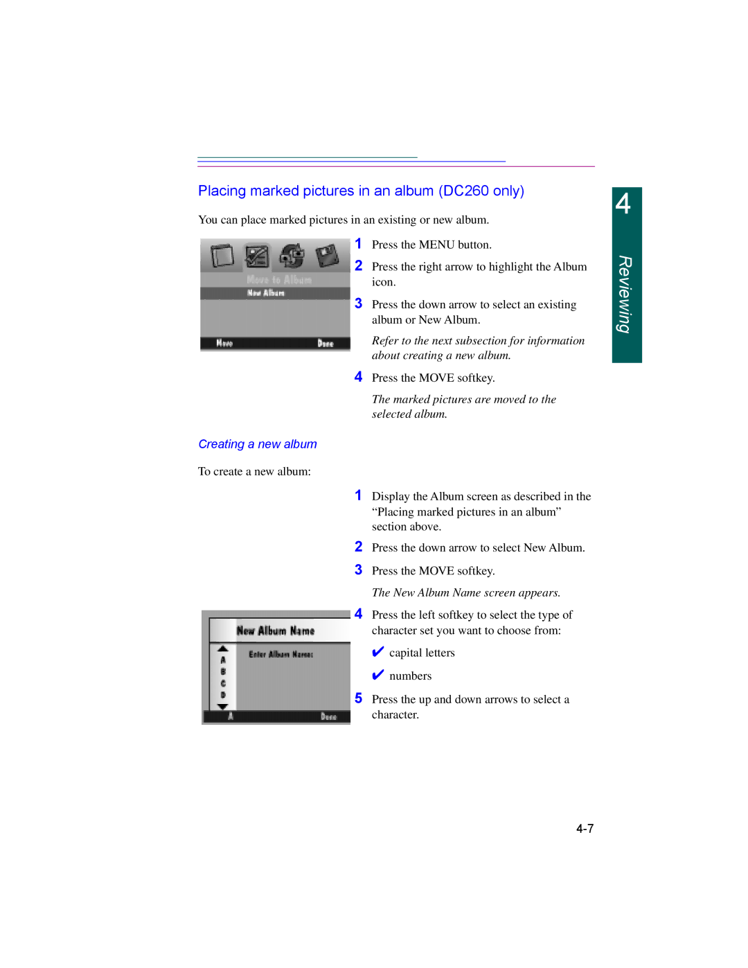 Kodak DC220 manual Placing marked pictures in an album DC260 only, Marked pictures are moved to the selected album 