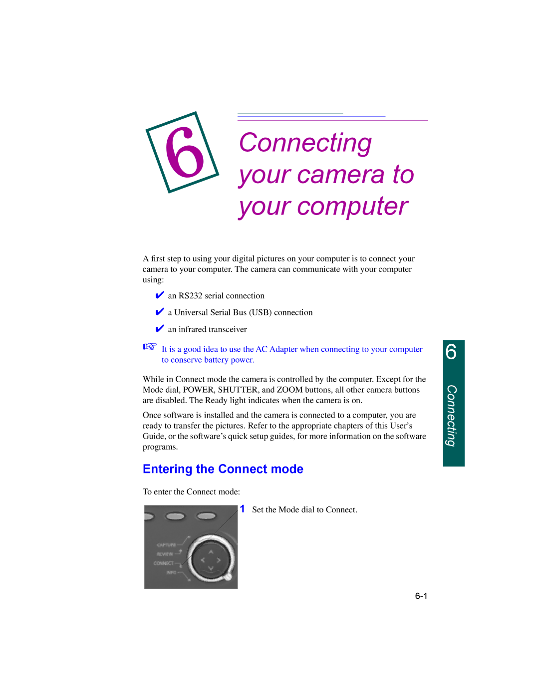 Kodak DC220, DC260 manual Connecting your camera to your computer, Entering the Connect mode 