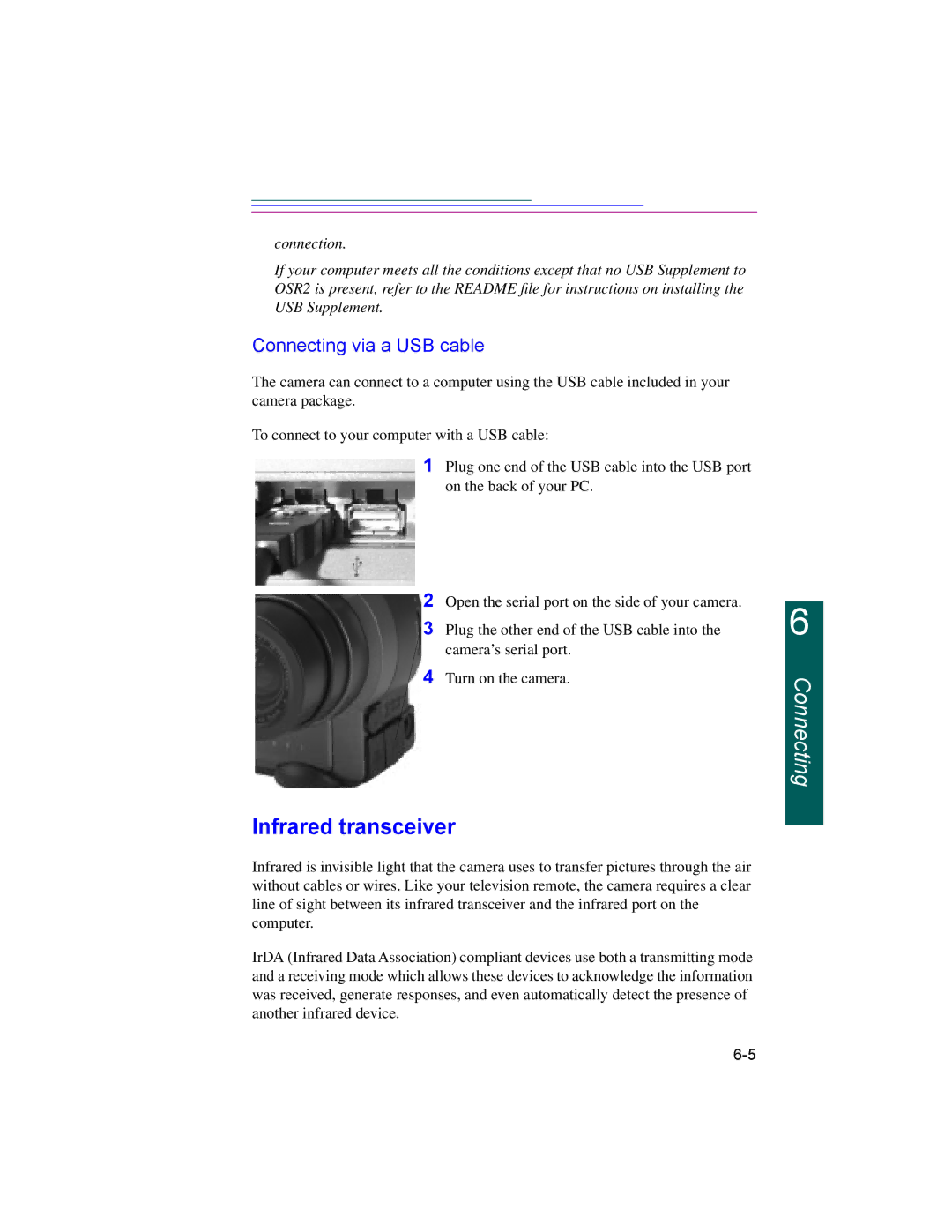 Kodak DC220, DC260 manual Infrared transceiver, Connecting via a USB cable 