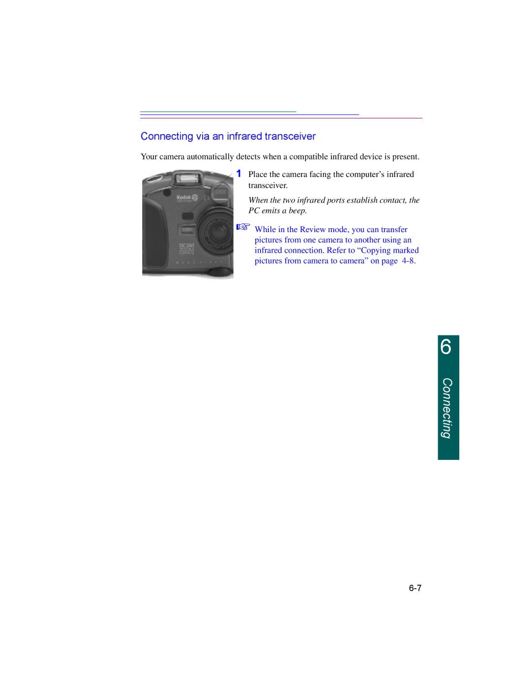 Kodak DC220, DC260 manual Connecting via an infrared transceiver 