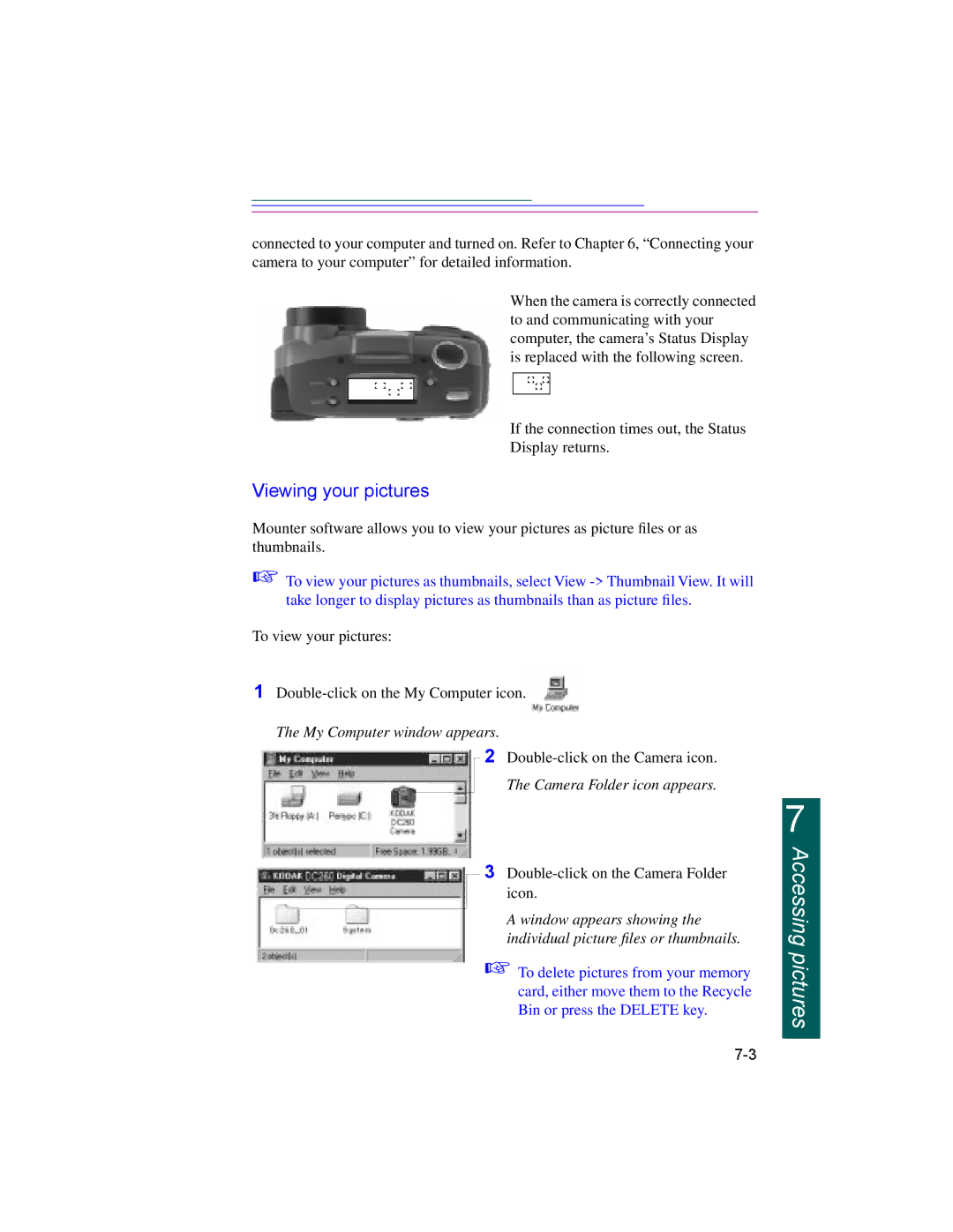 Kodak DC220, DC260 manual Viewing your pictures, My Computer window appears 