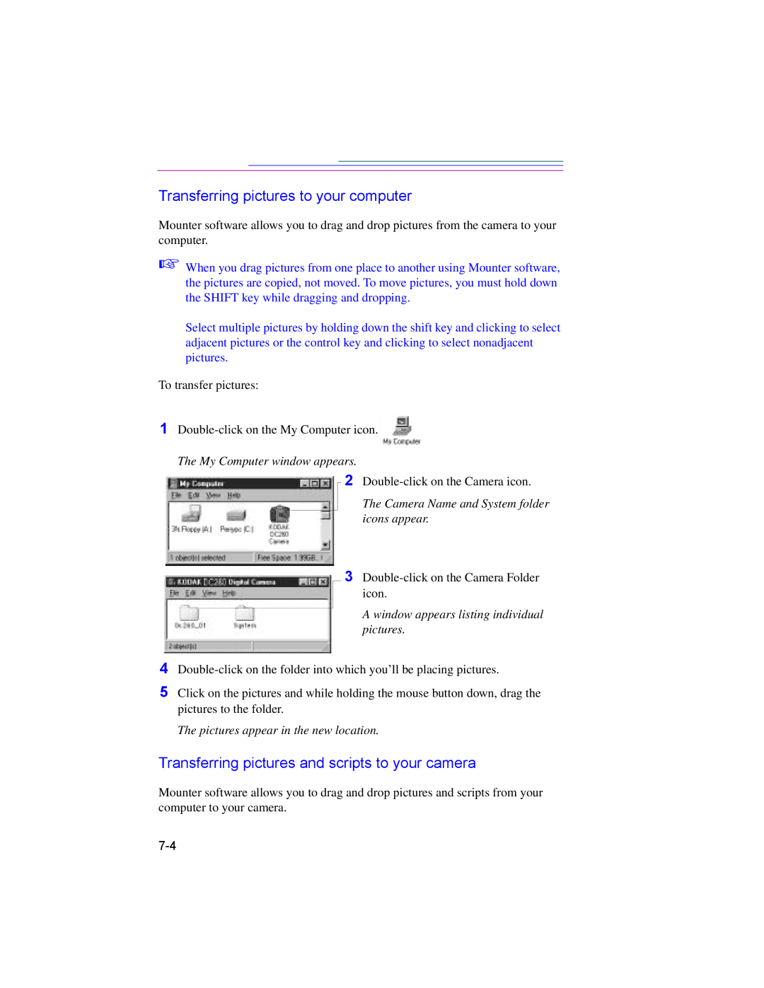 Kodak DC260, DC220 manual Transferring pictures to your computer, Transferring pictures and scripts to your camera 