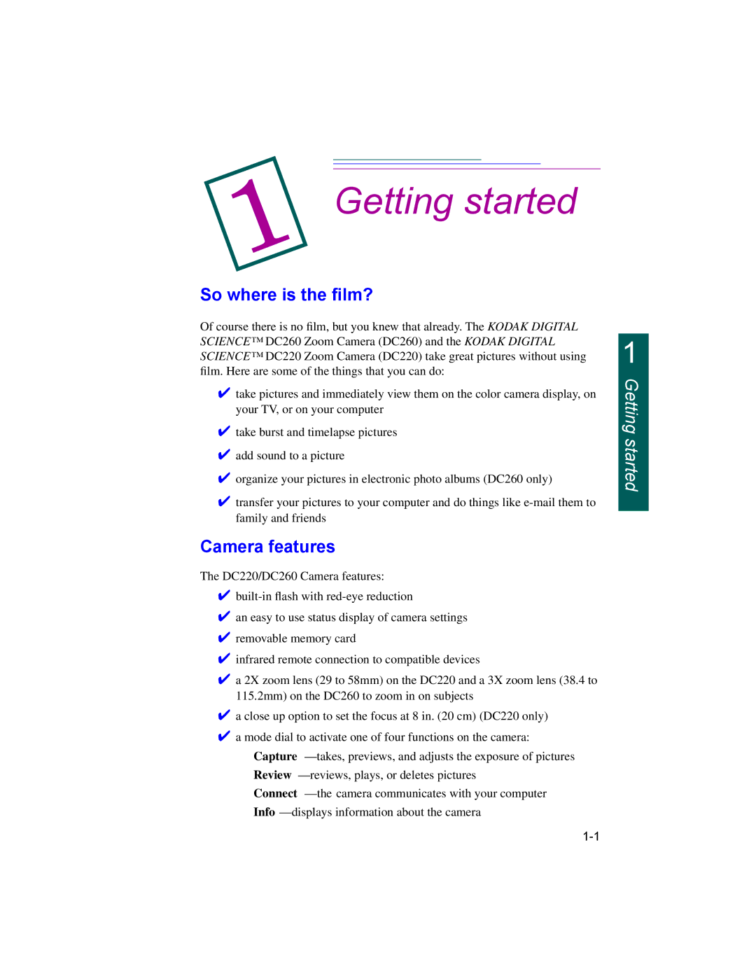 Kodak DC220, DC260 manual Getting started, So where is the Þlm?, Camera features 