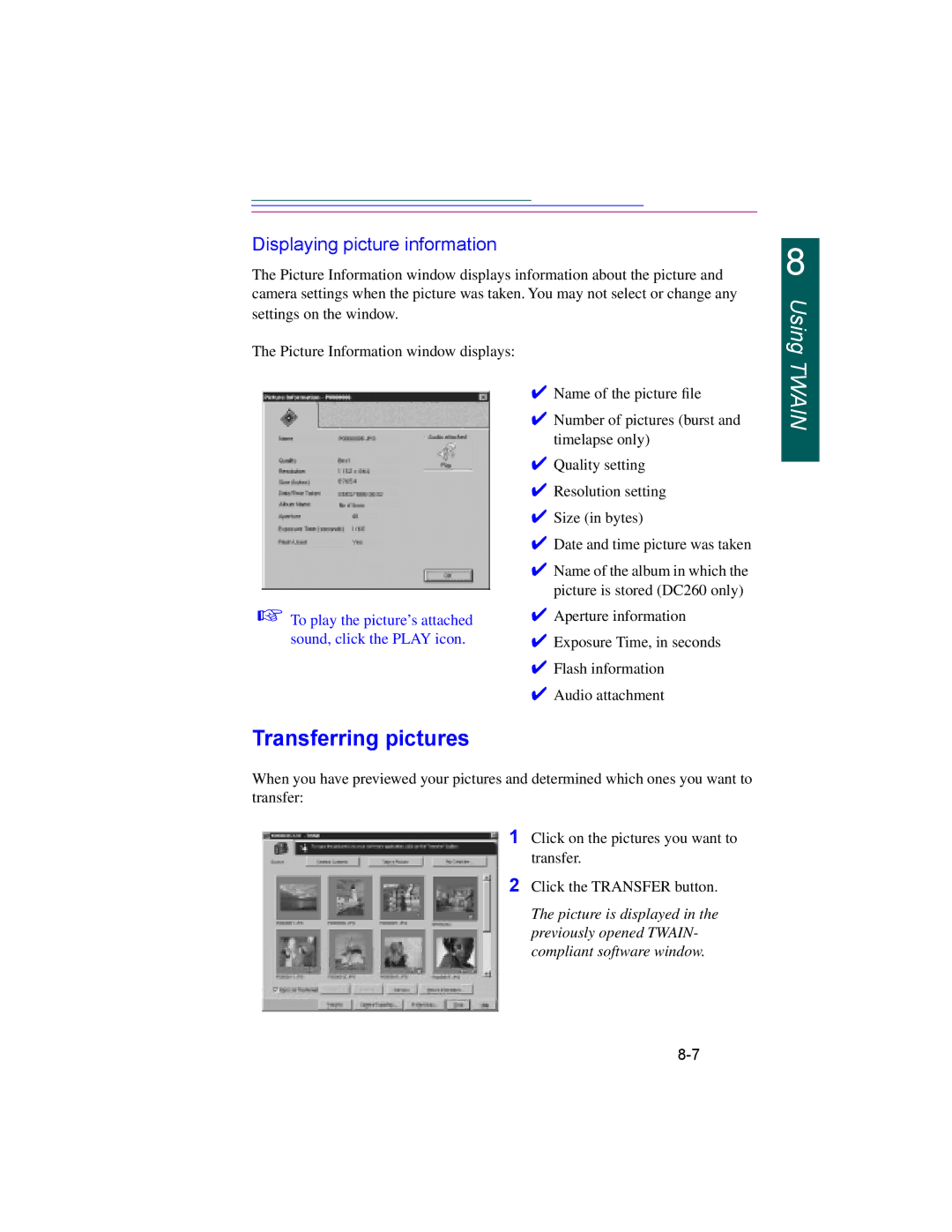 Kodak DC260, DC220 manual Transferring pictures, Displaying picture information 