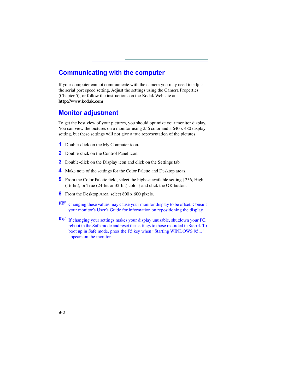 Kodak DC220, DC260 manual Communicating with the computer, Monitor adjustment 