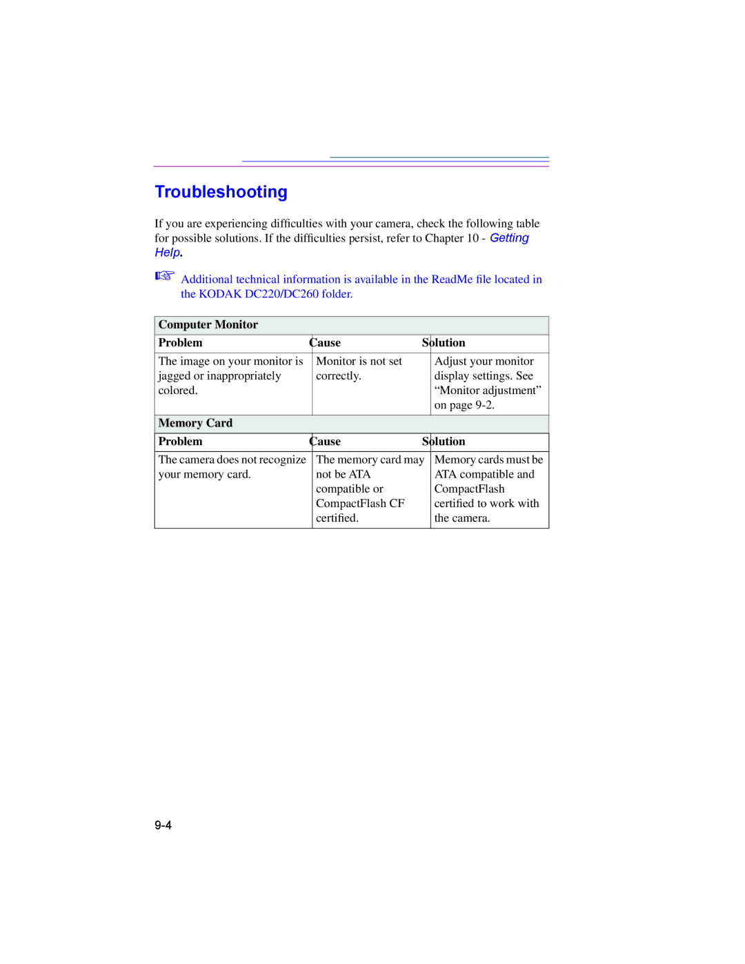 Kodak DC220, DC260 manual Troubleshooting, Computer Monitor Problem Cause Solution, Memory Card Problem Cause Solution 