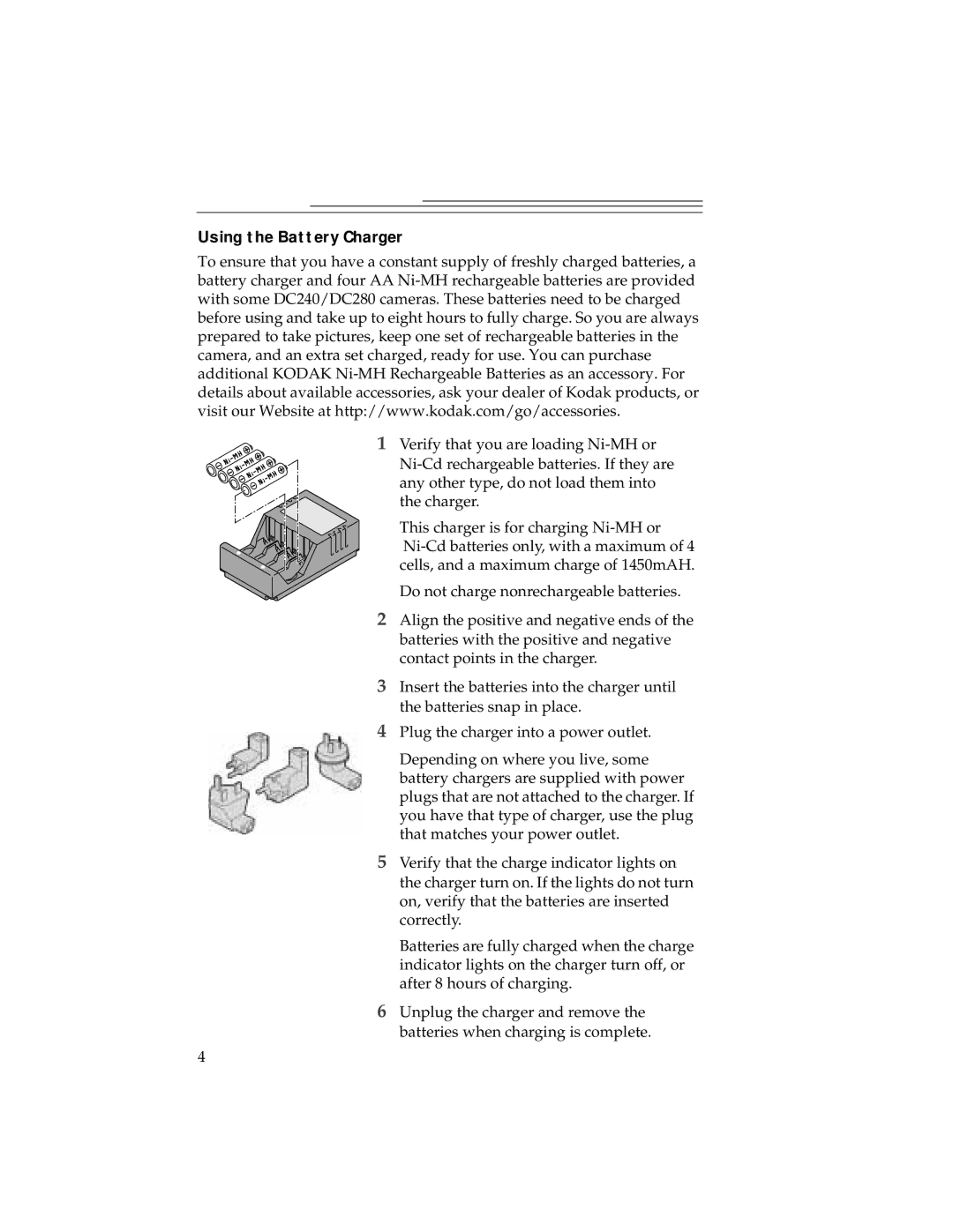 Kodak DC240, DC280 manual Using the Battery Charger 