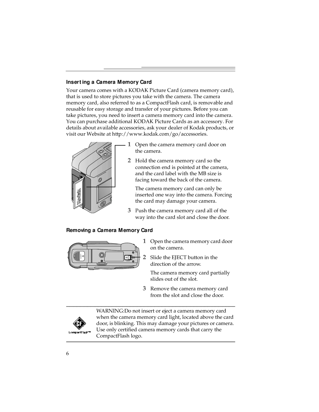 Kodak DC240, DC280 manual Inserting a Camera Memory Card, Removing a Camera Memory Card 