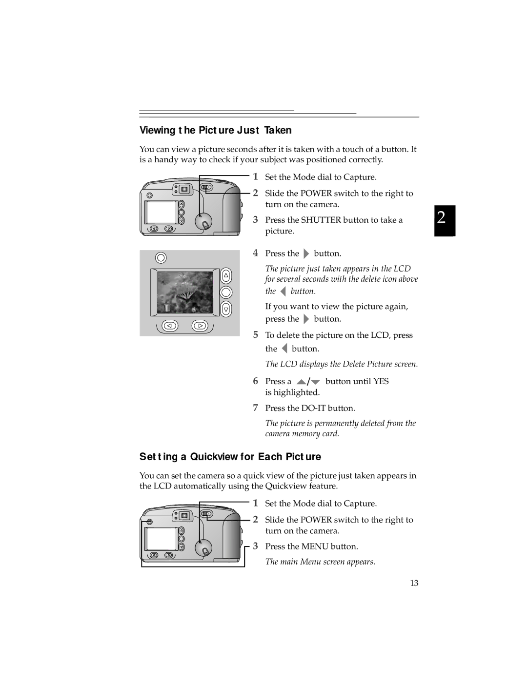 Kodak DC280 Viewing the Picture Just Taken, Setting a Quickview for Each Picture, LCD displays the Delete Picture screen 