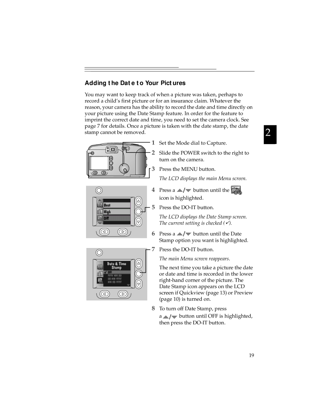 Kodak DC280, DC240 Adding the Date to Your Pictures, LCD displays the main Menu screen, LCD displays the Date Stamp screen 