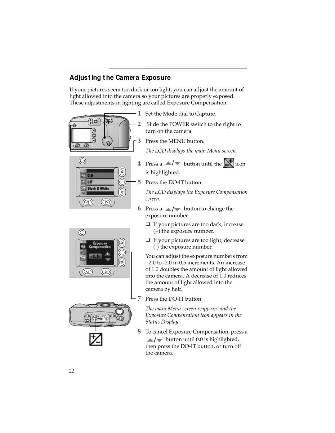 Kodak DC240, DC280 manual Adjusting the Camera Exposure, LCD displays the Exposure Compensation screen 