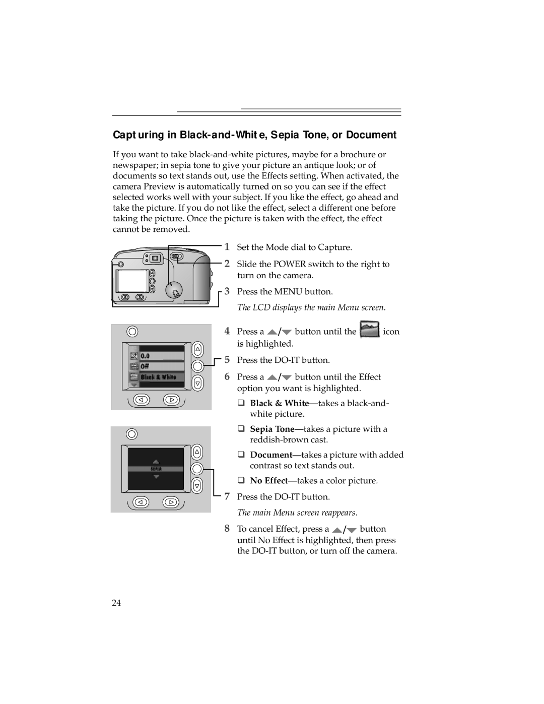 Kodak DC240, DC280 manual Capturing in Black-and-White, Sepia Tone, or Document 