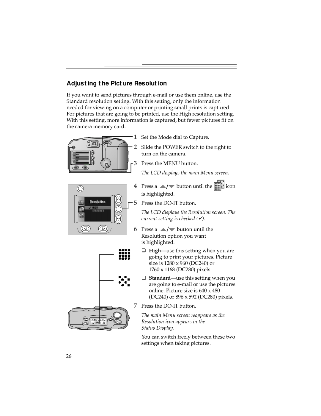 Kodak DC240, DC280 manual Adjusting the Picture Resolution 