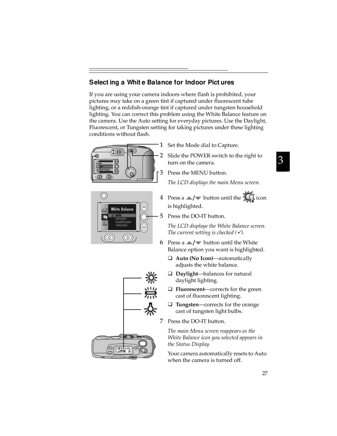 Kodak DC280, DC240 manual Selecting a White Balance for Indoor Pictures 