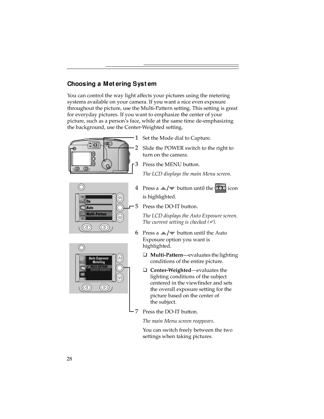 Kodak DC240, DC280 manual Choosing a Metering System, Main Menu screen reappears 