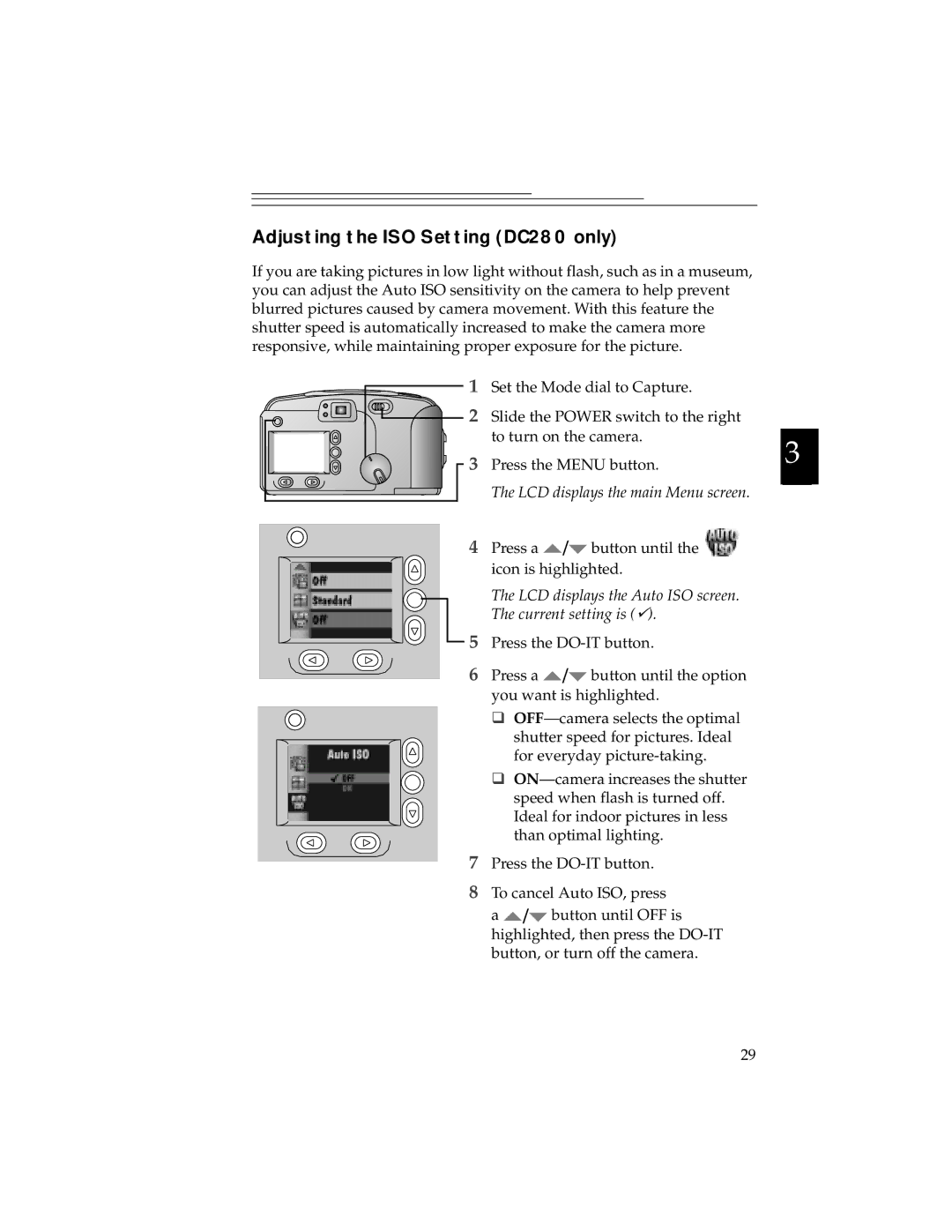 Kodak DC240 manual Adjusting the ISO Setting DC280 only, LCD displays the Auto ISO screen Current setting is  