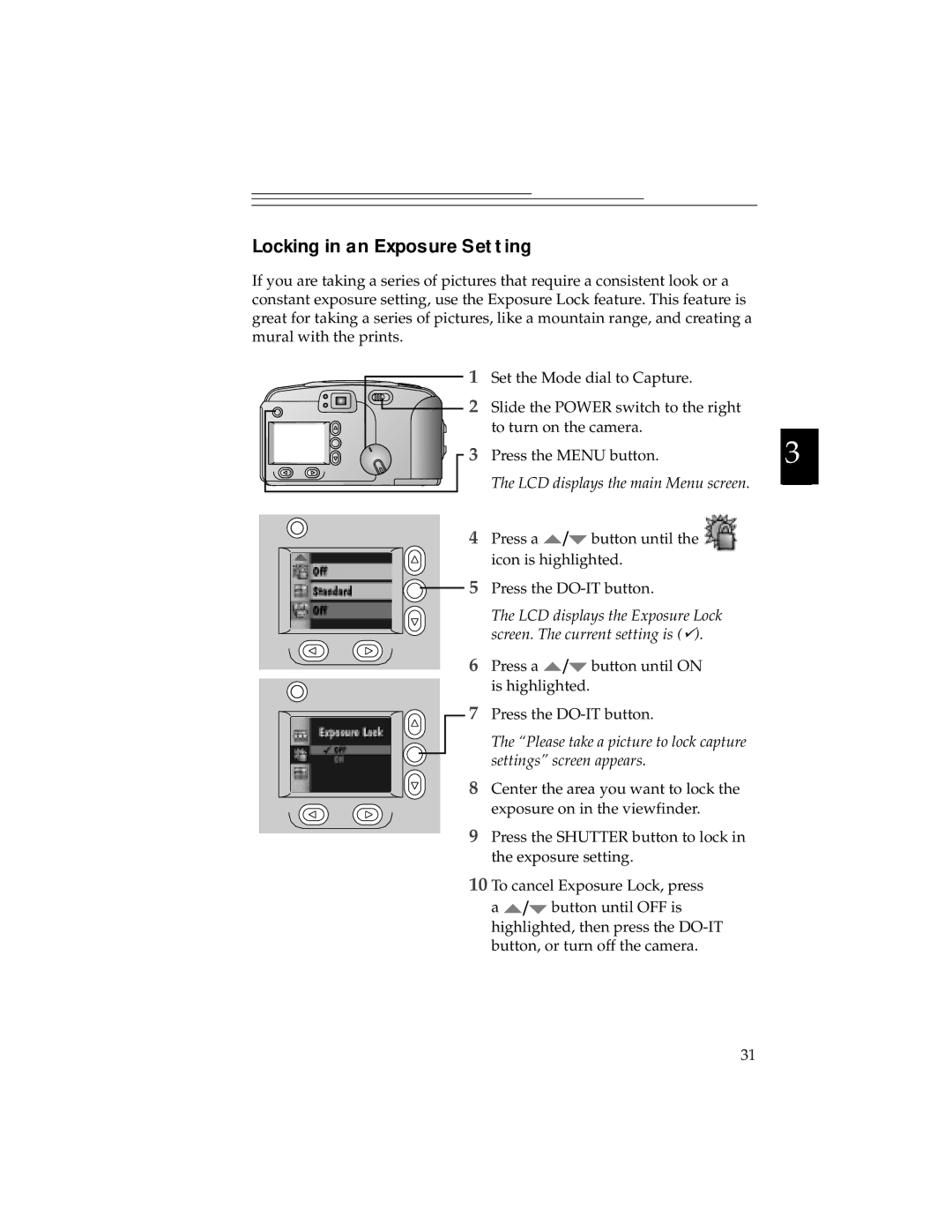 Kodak DC280, DC240 manual Locking in an Exposure Setting 