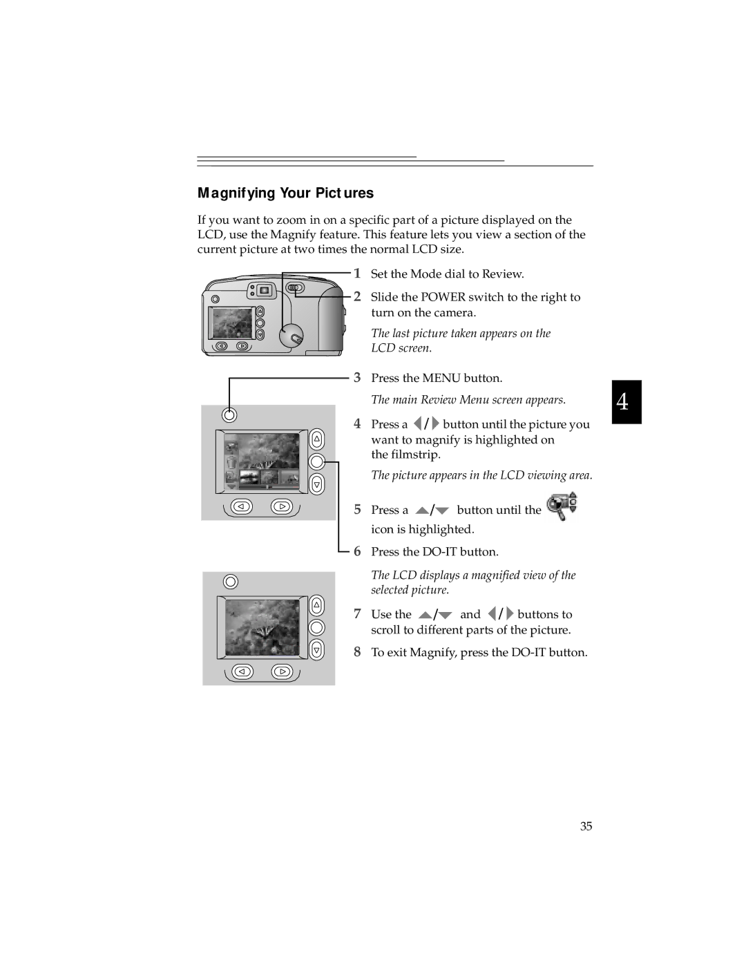 Kodak DC280, DC240 manual Magnifying Your Pictures, Last picture taken appears on LCD screen 