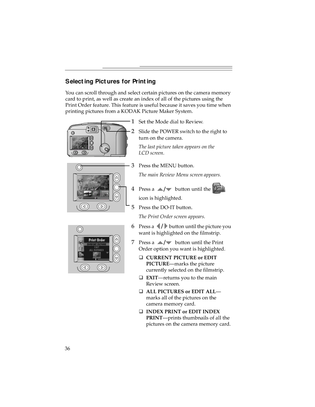 Kodak DC240, DC280 manual Selecting Pictures for Printing, Last picture taken appears on, Main Review Menu screen appears 