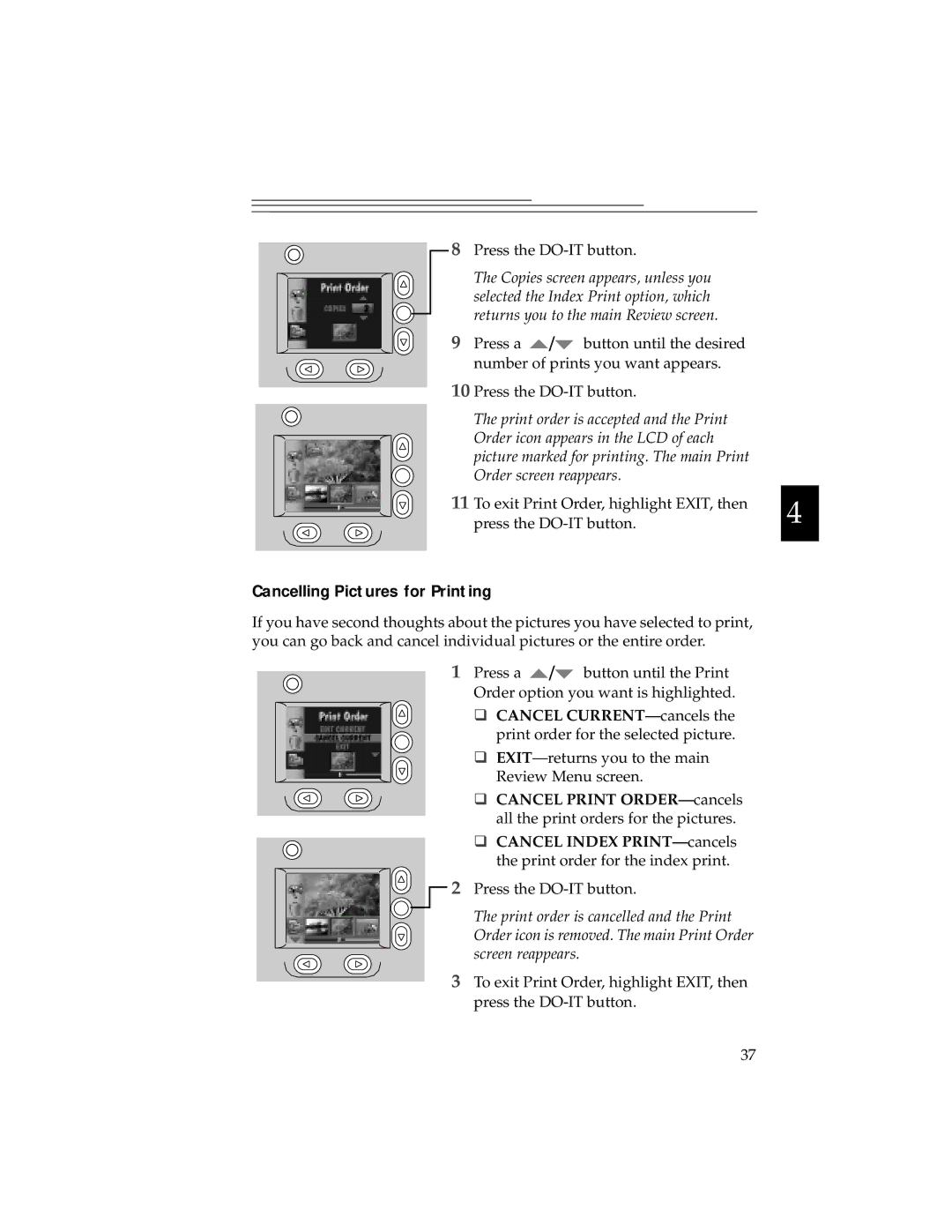 Kodak DC280, DC240 manual Cancelling Pictures for Printing, Cancel CURRENT-cancels 