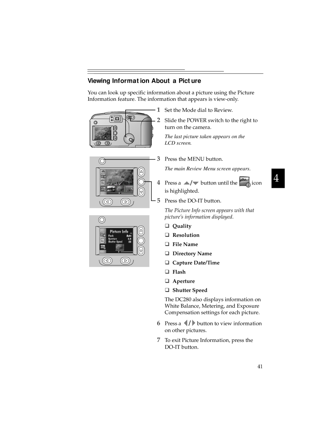 Kodak DC280, DC240 manual Viewing Information About a Picture 