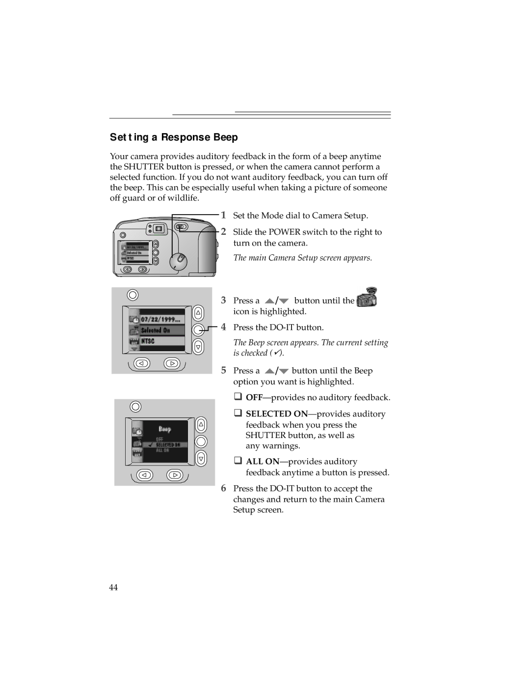 Kodak DC240, DC280 manual Setting a Response Beep, Beep screen appears. The current setting is checked  