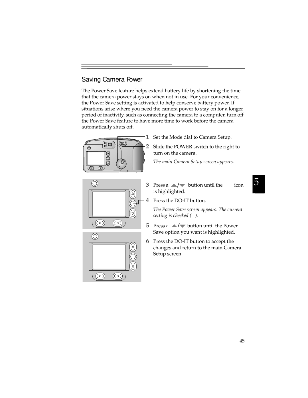 Kodak DC280, DC240 manual Saving Camera Power, Power Save screen appears. The current Setting is checked  