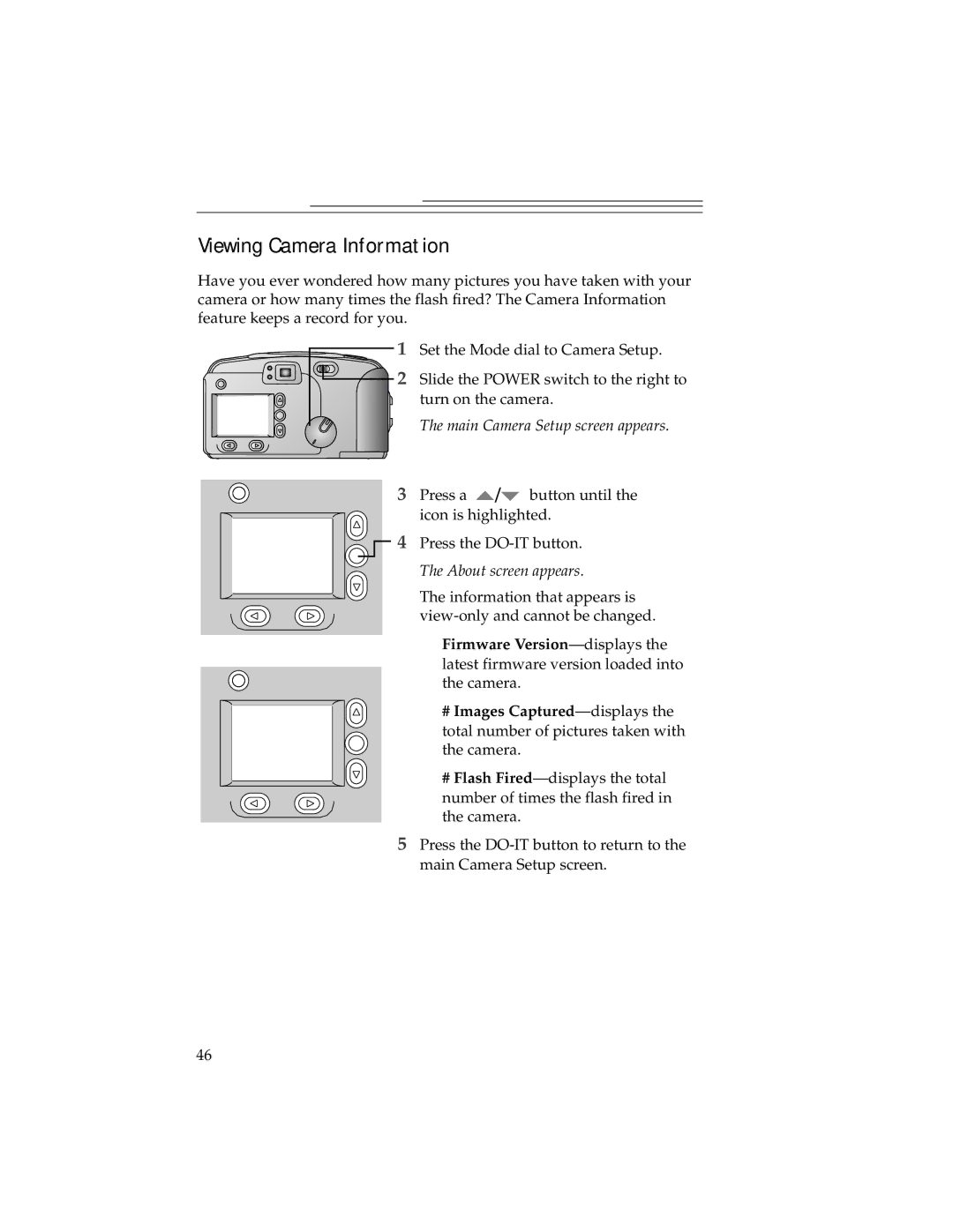 Kodak DC240, DC280 manual Viewing Camera Information, About screen appears, Firmware Version-displays 