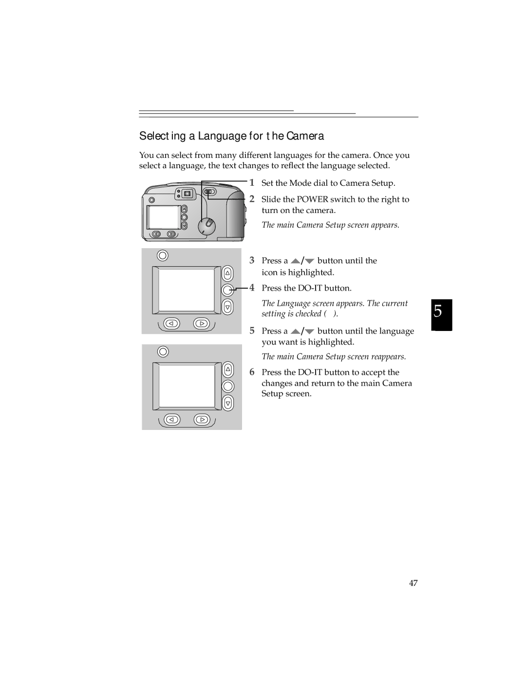 Kodak DC280, DC240 manual Selecting a Language for the Camera, Language screen appears. The current Setting is checked  