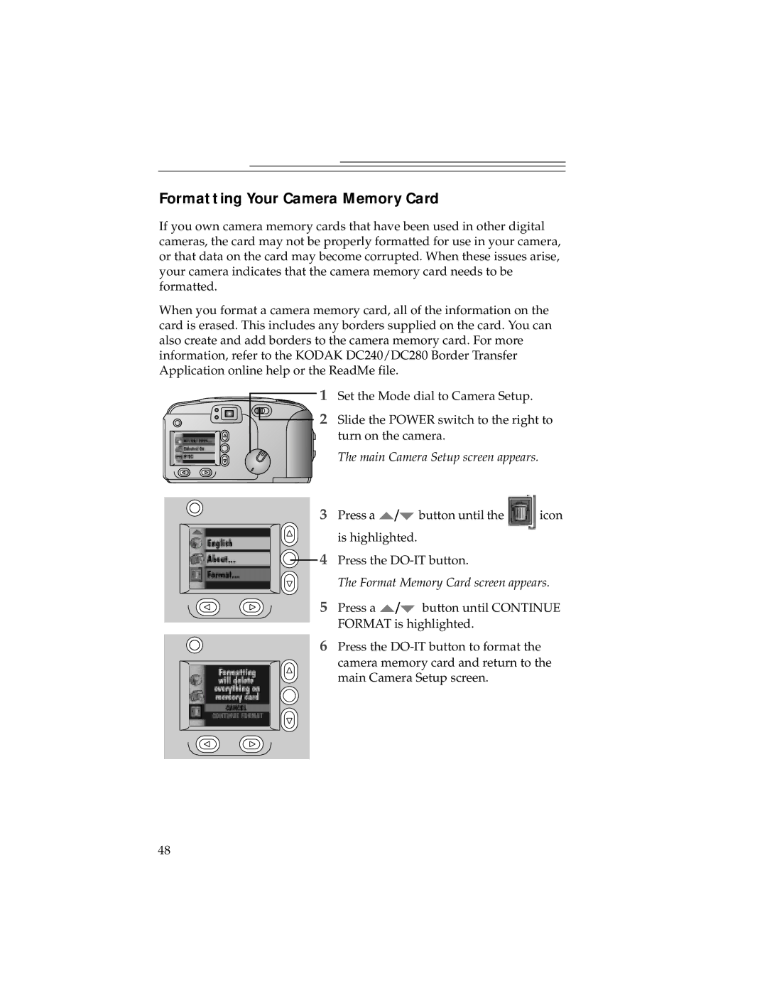 Kodak DC240, DC280 manual Formatting Your Camera Memory Card, Format Memory Card screen appears 