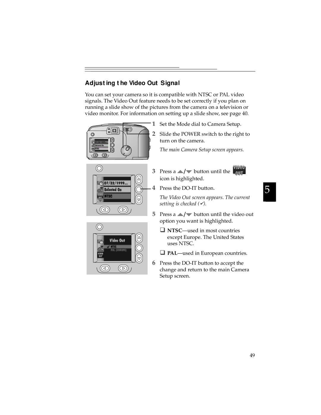 Kodak DC280, DC240 manual Adjusting the Video Out Signal, Video Out screen appears. The current setting is checked  