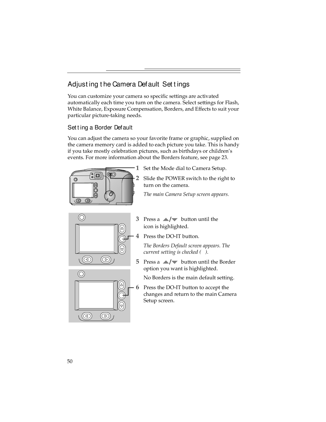 Kodak DC240, DC280 manual Adjusting the Camera Default Settings, Setting a Border Default, Borders Default screen appears 