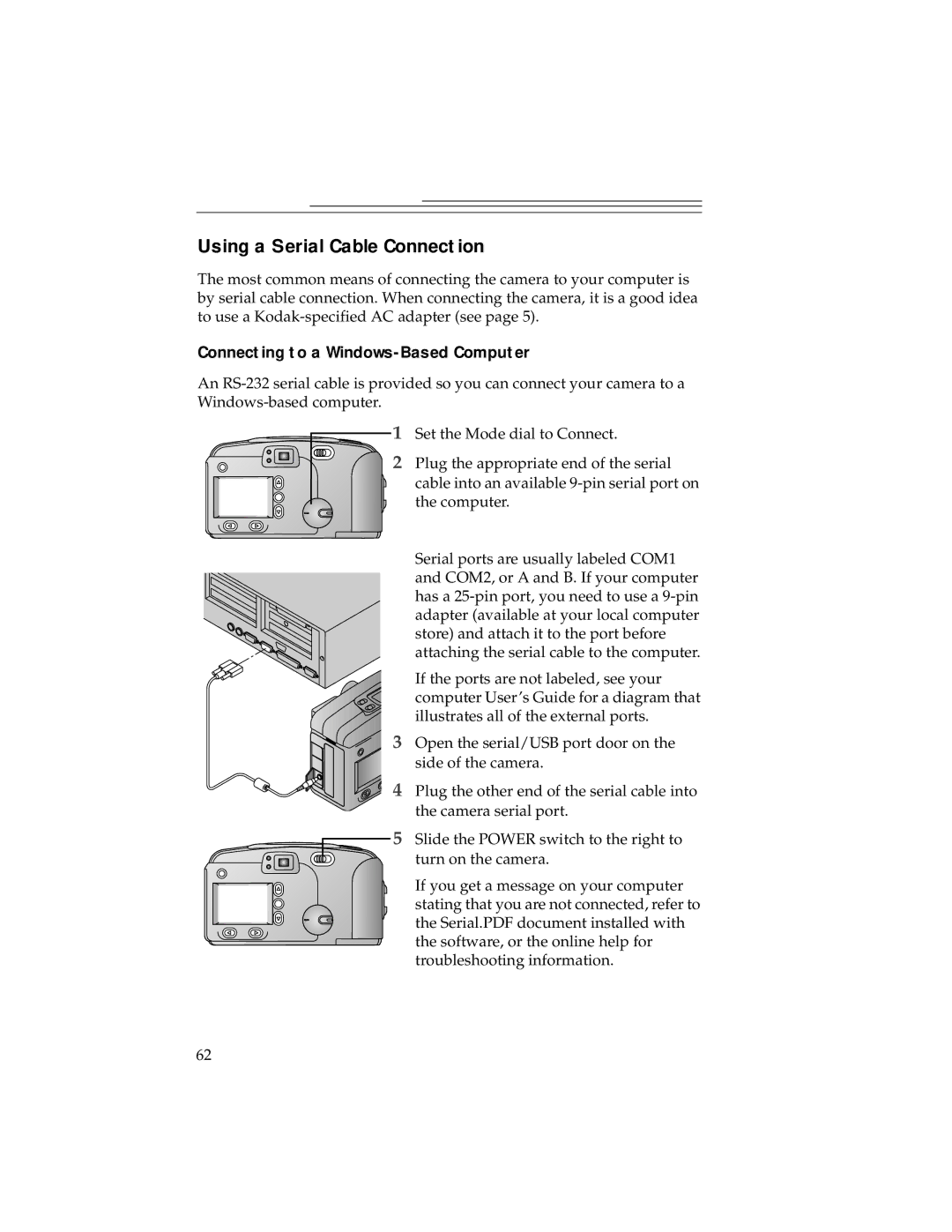 Kodak DC240, DC280 manual Using a Serial Cable Connection, Connecting to a Windows-Based Computer 