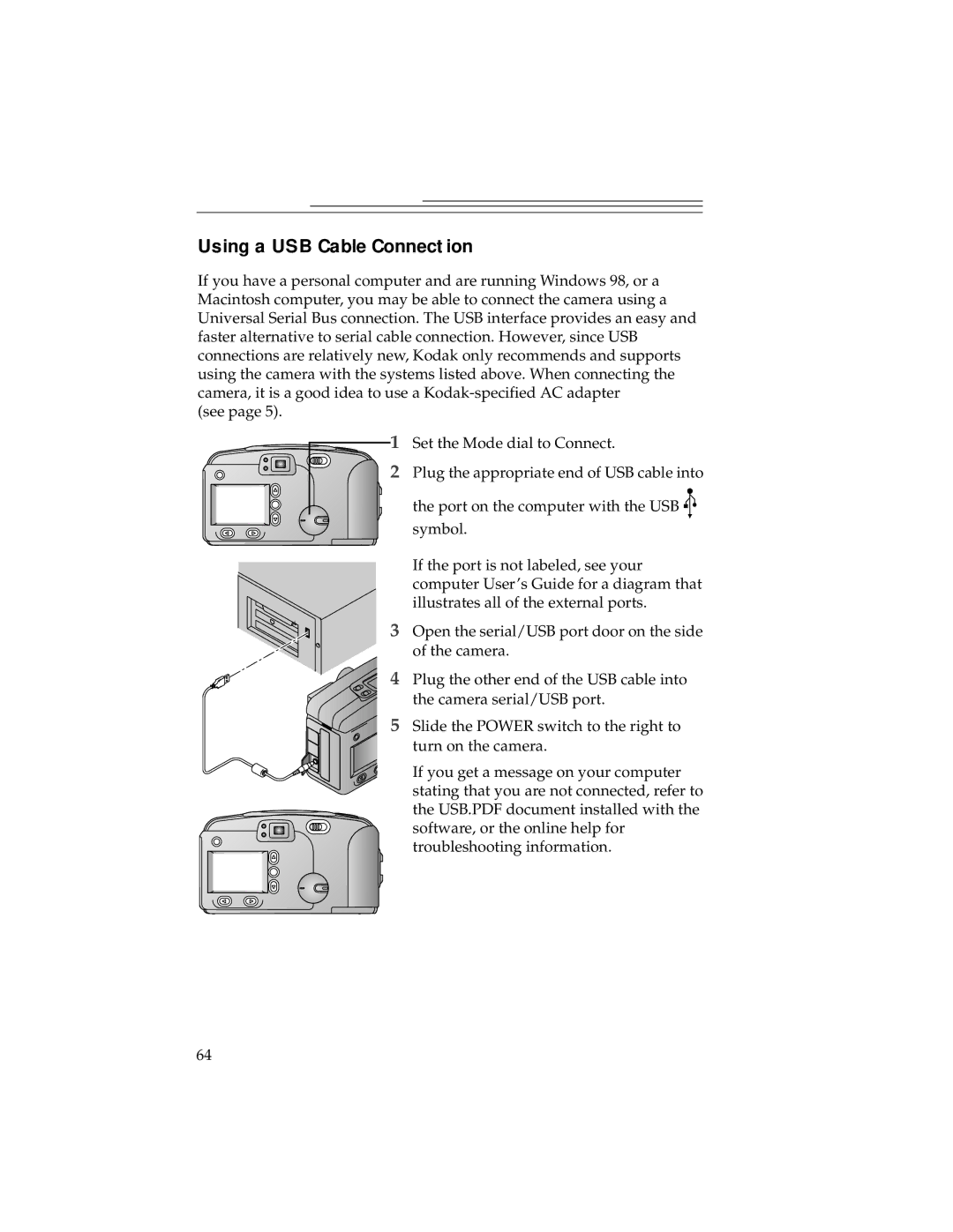 Kodak DC240, DC280 manual Using a USB Cable Connection 