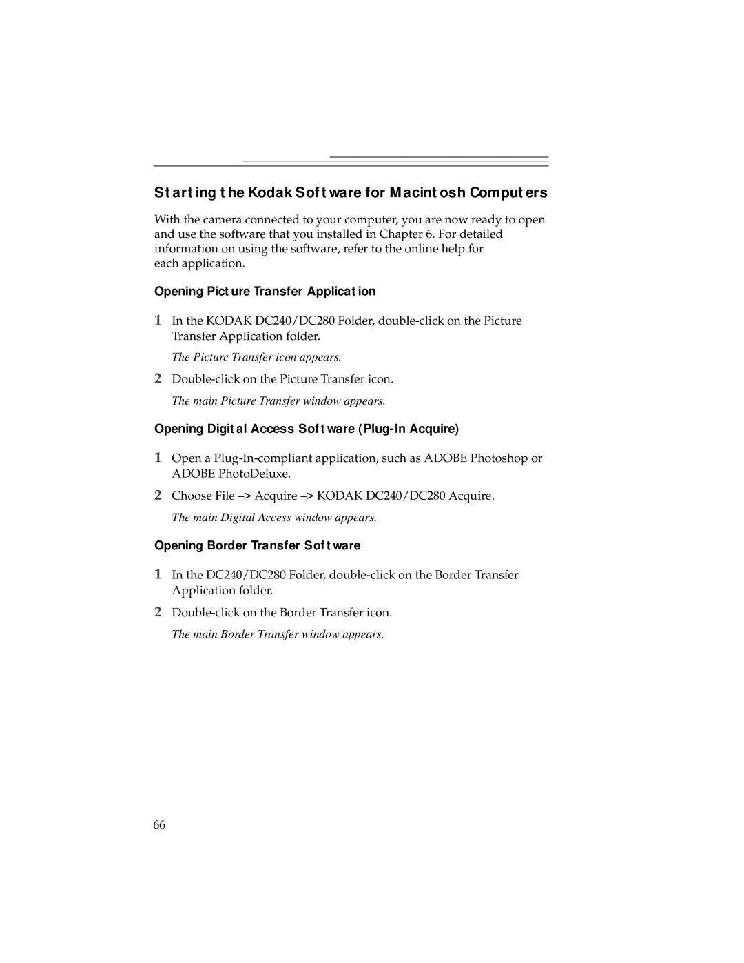 Kodak DC240, DC280 manual Starting the Kodak Software for Macintosh Computers, Opening Picture Transfer Application 