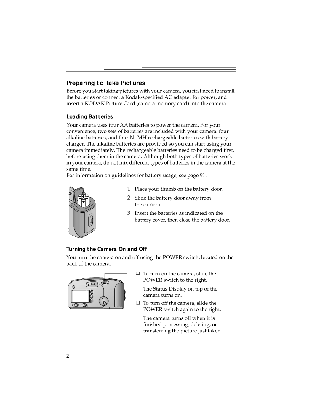 Kodak DC240, DC280 manual Preparing to Take Pictures, Loading Batteries, Turning the Camera On and Off 