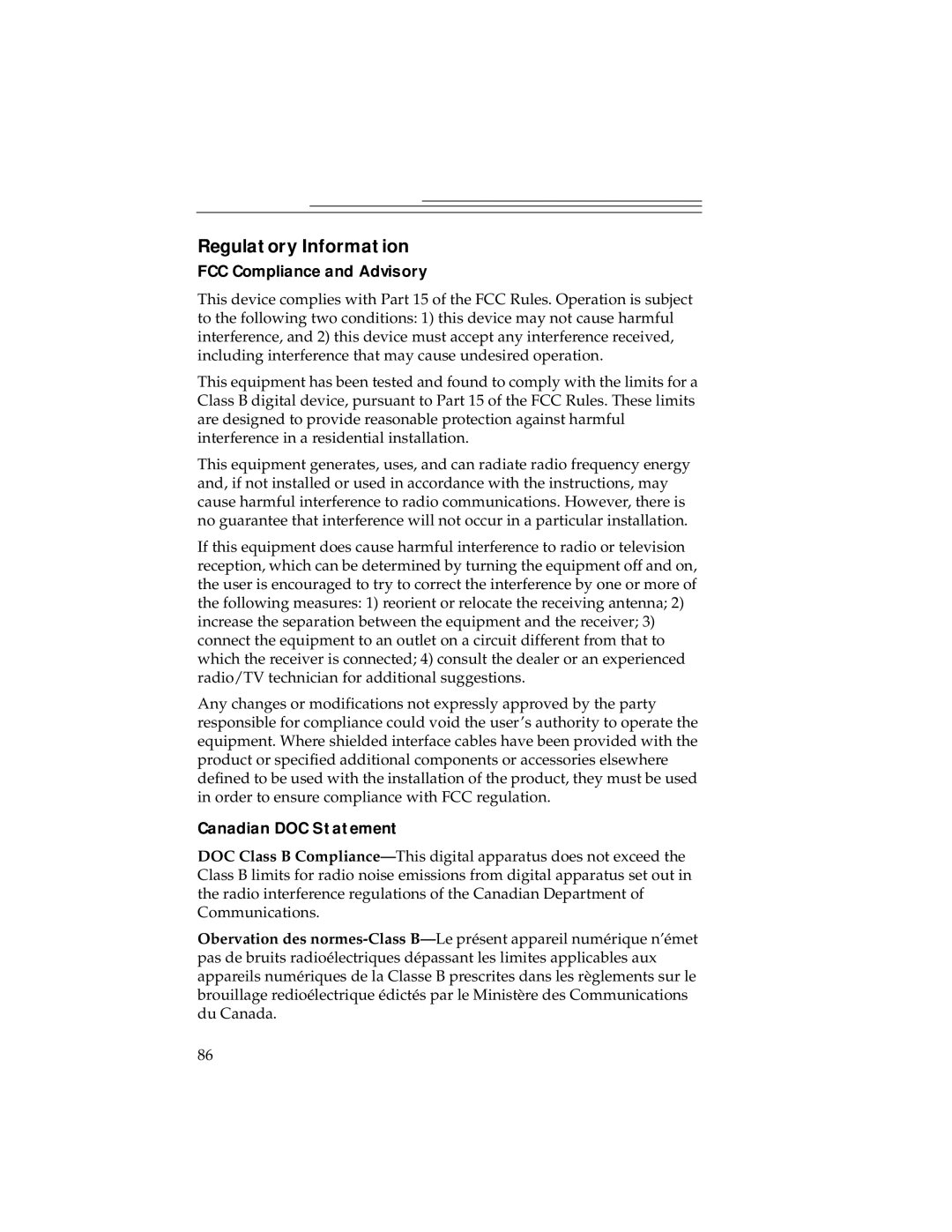 Kodak DC240, DC280 manual Regulatory Information, FCC Compliance and Advisory, Canadian DOC Statement 