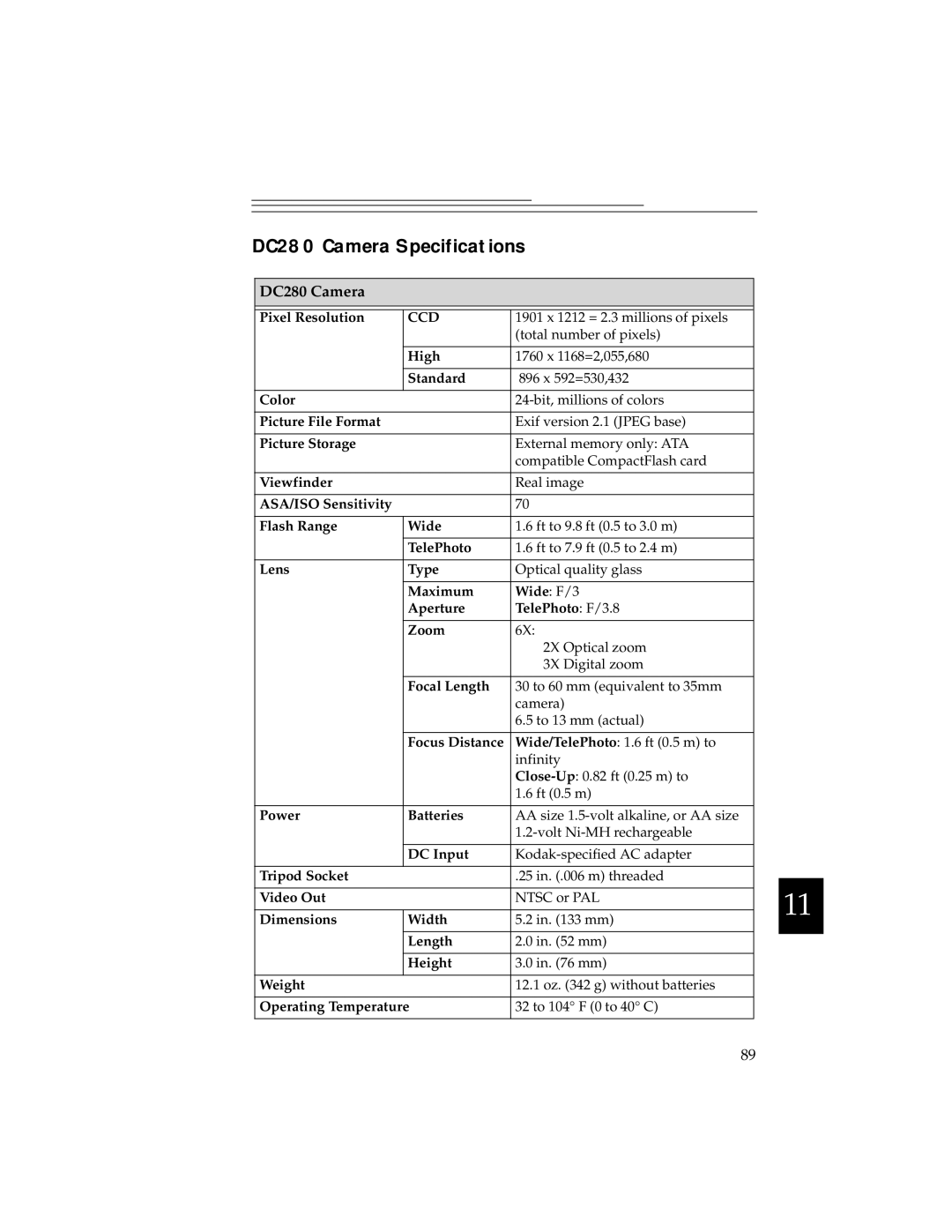 Kodak DC240 manual DC280 Camera Specifications 