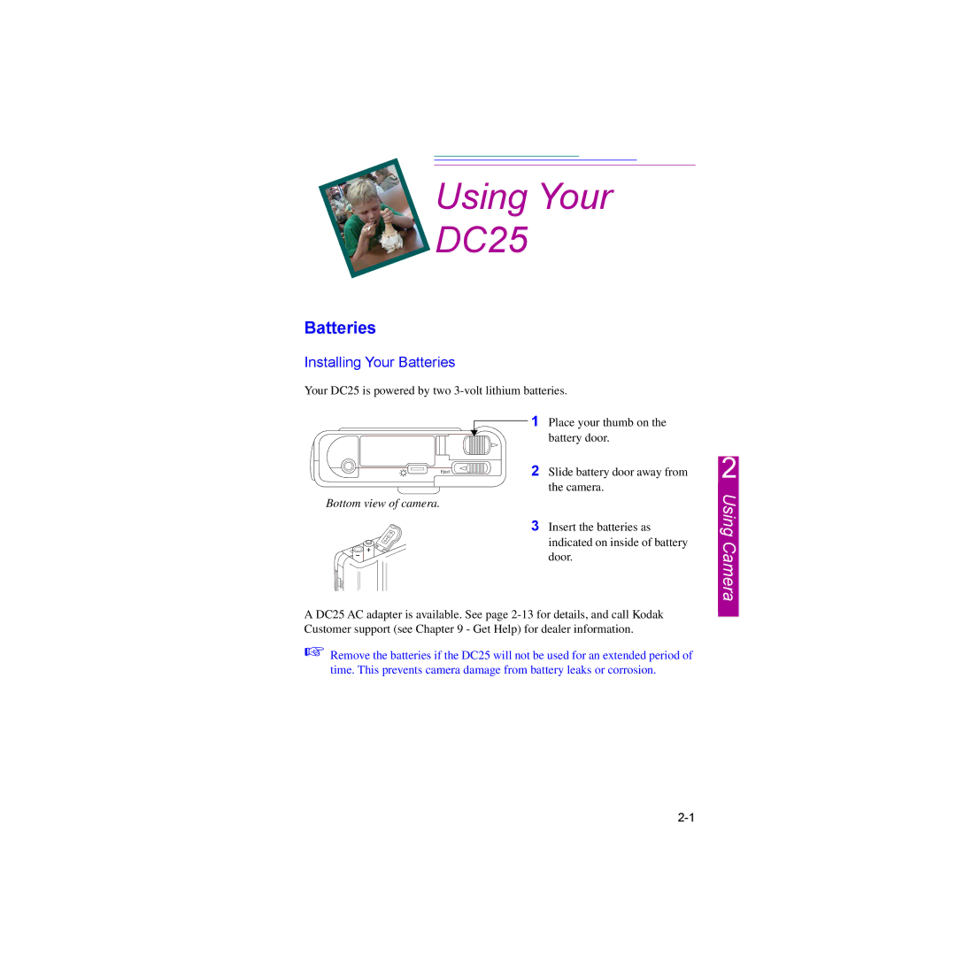 Kodak manual Using Your DC25, Installing Your Batteries, Bottom view of camera 