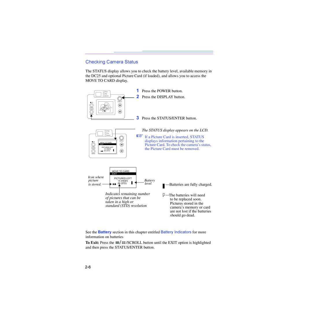 Kodak DC25 manual Checking Camera Status, Status display appears on the LCD 