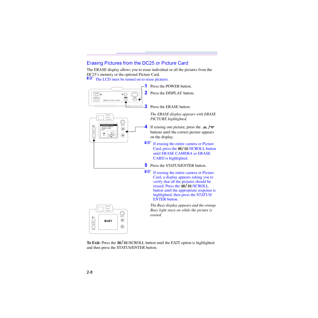 Kodak manual Erasing Pictures from the DC25 or Picture Card, Erase display appears with Erase Picture highlighted 