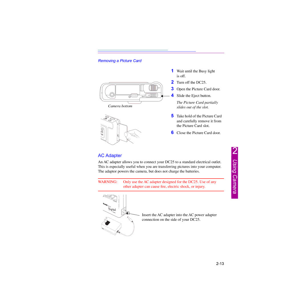 Kodak DC25 manual AC Adapter, Camera bottom, Picture Card partially slides out of the slot 