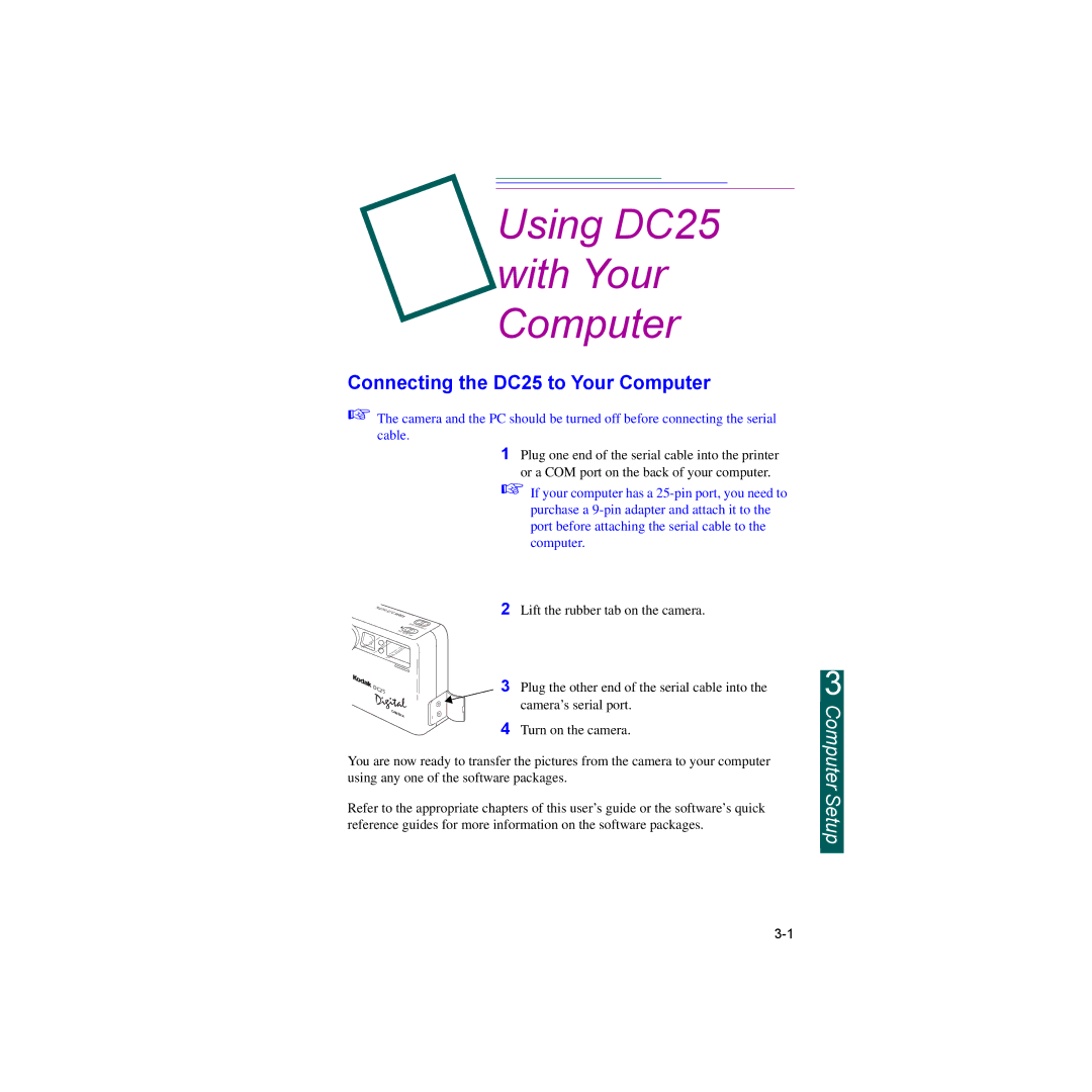 Kodak manual Using DC25 with Your Computer, Connecting the DC25 to Your Computer 